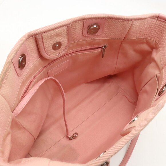 Authentic CHANEL CC Deauville Tote MM Pink White Canvas Chain Shoulder Bag - Picture 5 of 8